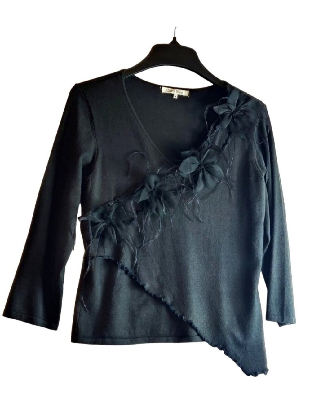 Embellished Black Knit Top M Vtg Carol Rose 2000 Y2K Asymmetric Feathers Flowers
